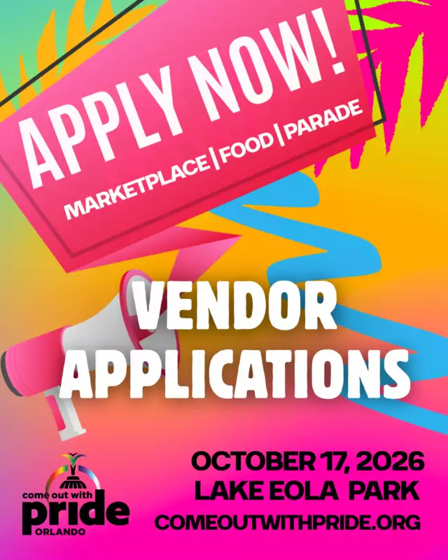 🌈✨ Be part of the magic at Come Out With Pride 2026! ✨🏳️‍🌈🏳️‍⚧️⁠⁠Applications are NOW OPEN, and we can't wait to welcome an incredible lineup of businesses, artists, organizations, and community partners to this year's celebration! 🎉⁠⁠We're looking for:⁠⁠🛍️ Marketplace Makers & Creatives – Showcase your handmade goods, artwork, apparel, jewelry, home décor, and more to thousands of Pride attendees!⁠⁠🎭 Parade Participants – Gather your friends, coworkers, employees, or community group and march in Orlando's BIGGEST and Most Colorful Parade! 🌈🎉 Show your Pride, celebrate your community, and be part of an unforgettable tradition.⁠⁠🍔 Food Vendors – Bring your favorite flavors and help fuel one of the largest Pride celebrations in the Southeast!⁠⁠✨ Space is limited, and many categories sell out every year. Don't miss your chance to be part of this incredible day of love, joy, visibility, and community.⁠⁠📅 Saturday, October 17, 2026⁠📍 Lake Eola Park • Orlando⁠⁠🚀 Apply today before your spot is gone: Link in the Bio⁠⁠🏳️‍🌈 We can't wait to celebrate with you! 💜⁠⁠#COWP #OrlandoPride #Pride ⁠