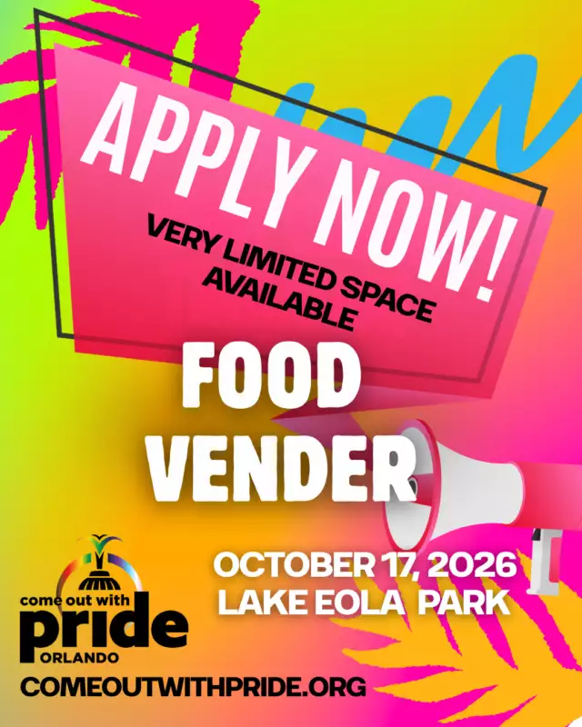🚨🍔 FOOD VENDORS... THIS IS YOUR SIGN! 🌮🍦🚨⁠⁠The grills are heating up, the crowds are coming, and we have just a FEW Food Vendor spaces remaining for Come Out With Pride 2026! 🌈🔥⁠⁠If you've been thinking about joining us, don't wait another day.⁠⁠✨ Thousands of hungry festivalgoers.⁠✨ One of the largest Pride celebrations in the Southeast.⁠✨ An incredible opportunity to showcase your food and grow your business.⁠⁠From BBQ to tacos, desserts to vegan favorites, coffee to lemonade—we're looking for delicious eats to help make Pride unforgettable! 🍕🌭🍩🥤⁠⁠⏳ Space is EXTREMELY LIMITED, and once these final spots are claimed, applications for Food Vendors will close.⁠⁠🏳️‍🌈 Come Out With Pride⁠📅 Saturday, October 17, 2026⁠📍 Lake Eola Park, Orlando⁠⁠🚀 Claim your spot TODAY before it's too late: Link in the Bio⁠⁠🔥 Don't miss your chance to serve thousands of Pride attendees. These last few spots won't last long!⁠