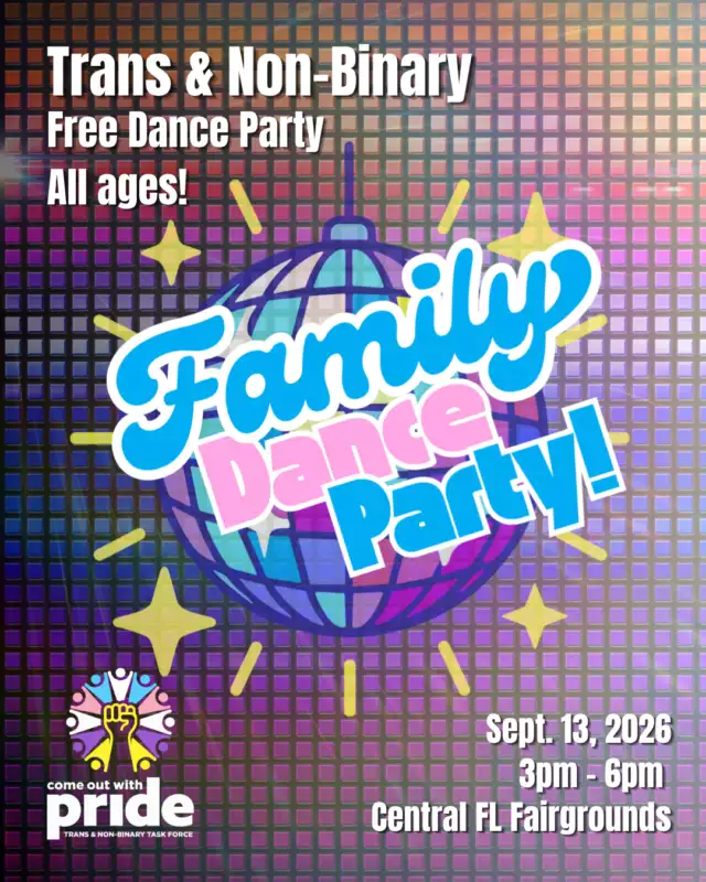 🚨✨ HUGE ANNOUNCEMENT! ✨🚨⁠⁠The dance floor is calling... and YOU'RE invited! 🪩💃🌈⁠⁠Say hello to the Task Force Family Dance Party—an all-new celebration hosted by Come Out With Pride's Trans & Non-Binary Task Force!⁠⁠After three amazing years of bringing our community together at the Family Picnic, we're shaking things up with a fresh new experience filled with music, dancing, laughter, and connection. 🎶❤️⁠⁠This is more than a dance party—it's a welcoming, affirming celebration where every generation, every identity, and every family is invited to come together, celebrate, and just have fun.⁠⁠✨ Get ready for:⁠🪩 ALL ages dance party⁠🎶 Great music⁠🌈 An inclusive community celebration⁠💖 Memories you'll never forget⁠⁠More details are coming soon... but for now, save your best dance moves! 💃🏾🕺🏻⁠⁠#TaskForceFamilyDanceParty #ComeOutWithPride #TransAndNonBinary #FamilyPride #DanceWithPride #OrlandoEvents⁠