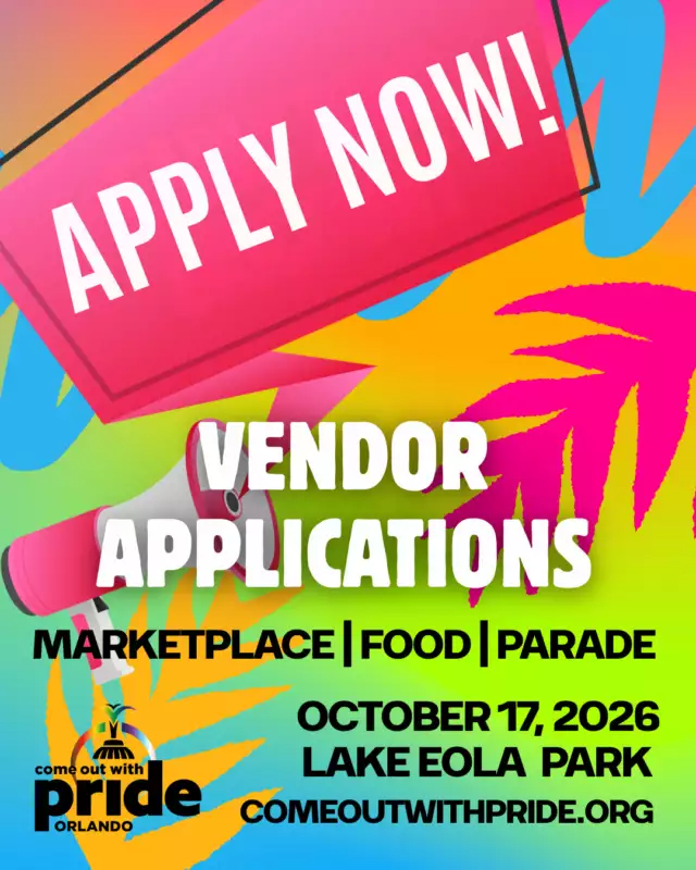 🌈✨ Join us for an unforgettable experience at Come Out With Pride 2026! ✨🏳️‍🌈🏳️‍⚧️⁠ ⁠⁠Applications are currently OPEN, and we're eager to host an amazing array of businesses, artists, organizations, and community partners for this year's festivities! 🎉⁠ ⁠⁠We are seeking:⁠ ⁠⁠🛍️ Marketplace Creators & Innovators – Present your handcrafted items, art, clothing, jewelry, home furnishings, and much more to thousands of attendees celebrating Pride!⁠ ⁠⁠🎭 Parade Participants – Rally your friends, colleagues, or community group and take part in Orlando's LARGEST and Most Vibrant Parade! 🌈🎉 Show your Pride, honor your community, and join in on this remarkable tradition.⁠ ⁠⁠🍔 Food Vendors – Share your beloved tastes and contribute to one of the biggest Pride celebrations in the Southeast!⁠ ⁠⁠✨ Space is limited, with many categories filling up quickly each year. Seize the opportunity to be part of this extraordinary day of love, joy, visibility, and community spirit.⁠ ⁠⁠📅 Saturday, October 17, 2026⁠ ⁠📍 Lake Eola Park • Orlando⁠ ⁠⁠🚀 Apply now to secure your place --> Link in the Bio⁠⁠🏳️‍🌈 We can’t wait to celebrate alongside you! 💜⁠ ⁠⁠#COWP #OrlandoPride #Pride ⁠#Marketplace #Market
