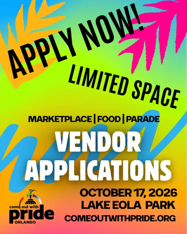 Join us on Saturday, October 17, 2026, at Lake Eola Park and connect with 240,000+ attendees during Orlando's biggest day of Pride! 🌈✨⁠⁠We're now accepting applications for:⁠🛍️ Marketplace Vendors⁠🍔 Food Vendors⁠🎉 Parade Participants⁠⁠Whether you're showcasing your business, promoting your organization, serving amazing food, or marching with your team, this is your opportunity to celebrate, connect, and shine in front of thousands of Pride supporters.⁠⁠⏰ Don't wait! Many vendor categories and parade entries sell out every year, and space is limited.⁠⁠Secure your spot today! 💜⁠⁠🔗 Apply now --> Link in the Bio⁠⁠#ComeOutWithPride #ComeOutWithPrideOrlando #OrlandoPride #Pride2026 #LGBTQ #LoveIsLove #SupportLocal #SmallBusiness #VendorMarket #FoodTruck #Parade #LakeEola #OrlandoEvents⁠