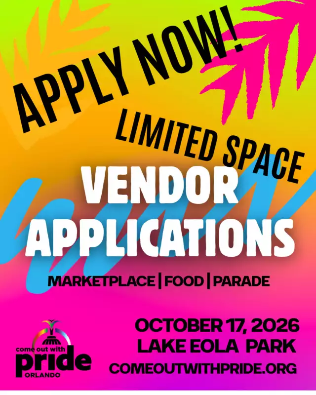 🚨 Last year, multiple vendor categories filled before applications closed.⁠⁠Don't wait until it's too late to reserve your spot at Come Out With Pride Orlando 2026! 🌈🏳️‍⚧️⁠⁠Whether you're selling handmade goods, serving incredible food, promoting your organization, or marching in Orlando's Biggest & Most Colorful Pride Parade, now is the time to apply.⁠⁠✨ Why join us?⁠💜 Reach more than 240,000 attendees⁠🌈 Connect with one of the most engaged LGBTQIA+ communities in the Southeast⁠🛍️ Grow your business, expand your reach, and celebrate Pride with thousands of supporters⁠⁠Applications are now open for:⁠🛍️ Marketplace Vendors⁠🍔 Food Vendors⁠🎉 Parade Participants⁠⁠⏳ Space is limited, and once a category reaches capacity, applications will close.⁠⁠Secure your place at Pride today!⁠⁠🔗 Apply now -->> Link in Bio⁠⁠Tag a business, artist, food vendor, or community organization that needs to see this! 🌈⁠⁠#ComeOutWithPride #OrlandoPride #Pride2026 #VendorApplications #FoodVendor #Marketplace #Parade #SupportLocal #LGBTQBusiness #OrlandoEvents⁠