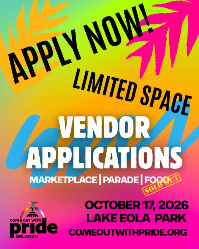 🚨 ORLANDO — WE’RE FILLING UP FAST! 🌈⁠⁠Our 2026 Come Out With Pride Festival is just around the corner, and vendor & participant spots are going FAST!⁠⁠🍴 FOOD VENDOR SPOTS ARE SOLD OUT! 🎉⁠⁠But there’s still time to get involved!⁠⁠🛍️ Marketplace Vendor spots are LIMITED⁠🌈 Parade Participant spots are LIMITED⁠⁠This is your chance to put your business, organization, nonprofit, or community group in the heart of Orlando Pride and connect with hundreds of thousands of people celebrating across Lake Eola Park! 💖⁠⁠⏰ Don’t wait — once these spots are gone, they’re GONE!⁠⁠👉🏽 Apply NOW: Link in the Bio⁠⁠📅 Saturday, October 17, 2026⁠📍 Lake Eola Park | Downtown Orlando⁠⁠Come be part of the pulse of Pride! 🏳️‍🌈✨⁠⁠#ComeOutWithPride #OrlandoPride #COWP2026 #PrideOrlando #PrideFestival #OrlandoEvents #PrideMarketplace⁠