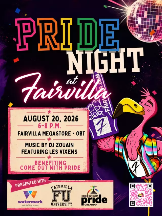 🌈⁠Pride Night at Fairvilla is BACK! 🏳️‍🌈✨⁠⁠Come Out With Pride Orlando is thrilled to partner with our amazing friends at Fairvilla and Watermark Out News for an unforgettable Pride Night as part of Watermark's Third Thursday celebration!⁠⁠Get ready for an electric evening filled with community, celebration, shopping, giveaways, incredible energy, and all the Pride vibes you can handle! Whether you're reconnecting with old friends, making new ones, or just looking for a fun night out, this is one event you won't want to miss.⁠⁠📅 Thursday, August 20⁠🕕 6:00 PM – 8:00 PM⁠📍 Fairvilla Megastore | OBT⁠⁠💖 A heartfelt thank you to our incredible community partners, Fairvilla and Watermark Out News. ⁠⁠🎟️ Head to our Eventbrite to RSVP or level up your Pride Night experience with one of the highly anticipated Club F VIP Booth tickets! VIP availability is limited, so grab yours before they're gone! ⁠⁠#ComeOutWithPride #PrideNight #Fairvilla #WatermarkOutNews #ThirdThursday #OrlandoPride #OrlandoEvents #CelebratePride #LGBTQCommunity