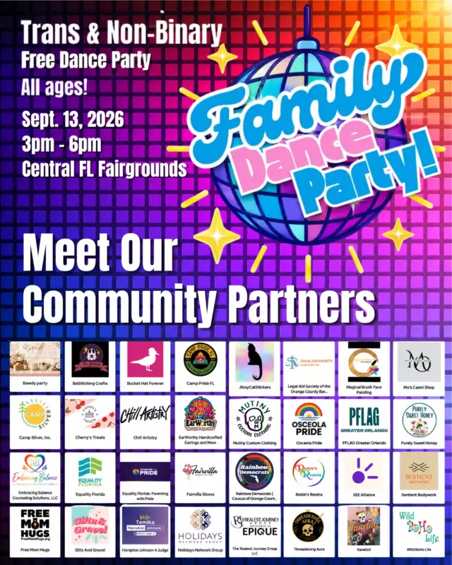 🎉🏳️‍⚧️ FAMILY DANCE PARTY IS THIS SUNDAY! 🪩🌈⁠⁠We’re SO excited to welcome our amazing community partners! 💜⁠⁠From local businesses and artists to nonprofits and community organizations, thank you for showing up and helping us create a space filled with connection, creativity, and LOTS of TRANS joy!🏳️‍⚧️⁠⁠🌟 Special shoutout to:⁠Central Florida Fairgrounds - thank you for giving us the perfect space to DANCE!⁠Fairvilla - thank you for your continued love and support of our community!⁠⁠📅 Sunday, September 13⁠⏰ 3–6 PM⁠📍 Central Florida Fairgrounds⁠🎟️ FREE + ALL AGES⁠🏳️‍⚧️ Everyone is welcome!⁠⁠Hosted by Come Out With Pride’s Trans & Non-Binary Task Force.⁠⁠Bring your family. Bring your friends. Bring your best dance moves. 💃🏽🪩⁠⁠Let’s DANCE, Orlando! 🌈🏳️‍⚧️💜⁠⁠#FamilyDanceParty #TransJoy #TransAndNonbinary #CentralFlorida #OrlandoPride #LGBTQIAFamilies #AllAreWelcome #FreeEvent⁠
