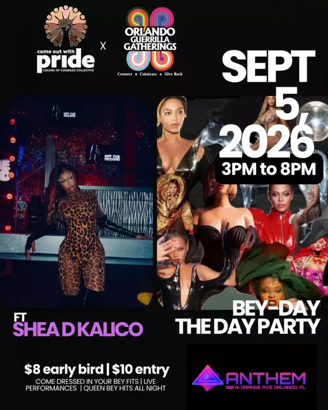 🚨🐝 EARLY BIRD $8 TICKETS 🎟️ END TONIGHT! 👑🔥⁠⁠ORLANDO… GET READY FOR A SHOW! 💃🏽✨⁠⁠👠 LIVE PERFORMANCE BY SHEA D KALICO!! 👠⁠⁠Big Beyoncé energy, fierce looks, nonstop dancing, and a live performance you DO NOT want to miss! 🐝👑⁠⁠📍 ANTHEM Orlando⁠📅 Saturday, September 5⁠⏰ 3PM–8PM⁠⁠🚨🐝 EARLY BIRD ENDS TONIGHT! 🐝🚨⁠🎟️ ONLY $8 — then tickets go up to $10!⁠⁠This is your LAST chance to lock in the $8 price. 👀🔥⁠⁠$8 TICKET NOW! 👑🐝 --> LINK IN THE BIO⁠⁠#BEYDAY #Beyonce #SheaDKalico #OrlandoEvents #QueerJoy #ColorsOfCourage