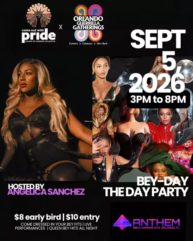 👑🐝🚨 BEY-DAY JUST GOT EVEN MORE FABULOUS! 🚨🐝👑⁠⁠ORLANDO… WE HAVE ANOTHER BIG ANNOUNCEMENT! 🌈✨⁠⁠We’re bringing the energy, the glamour, and the PERFORMANCE! 💃🏽🔥⁠⁠🎤 HOSTED BY ANGELICA SANCHEZ!⁠👠 LIVE PERFORMANCE BY SHEA D KALICO!⁠⁠Get ready for an afternoon of Beyoncé, dancing, fierce looks, BIG personalities, and a performance you do NOT want to miss. 👑✨⁠⁠And remember — this isn’t just a party. 💖⁠⁠BEY-DAY is brought to you by Come Out With Pride’s Colors of Courage Collective + Orlando Guerrilla Gatherings, supporting year-round programming that uplifts LGBTQIA+ communities.⁠⁠✨ Special thanks to Anthem Orlando for helping us make the magic happen!⁠⁠📍 ANTHEM Orlando⁠📅 September 5 | 3–8 PM⁠⁠🎟️ Early Bird tickets are still only $8 — but not for long! 🐝🚨⁠⁠GET YOUR BEY-DAY TICKETS 👑🐝 --> https://www.eventeny.com/events/beyday-the-day-party-33291⁠⁠Call your crew. Pick your look. Get your tickets.⁠⁠BEY-DAY IS ABOUT TO BE A WHOLE EXPERIENCE. 💅🏽🐝👑✨⁠⁠#BEYDAY #Beyonce #OrlandoEvents #ColorsOfCourage #QueerJoy #GetInFormation