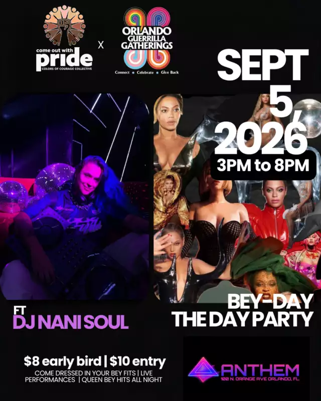 🎟️ $8 EARLY BIRD TICKETS END TOMORROW NIGHT!⁠⁠🐝👑 THE BEY-DAY VIBES ARE GETTING LOUDER! 👑🐝⁠⁠🎧✨ DJ NANI SOUL ✨🎧⁠⁠Get ready for DJ Nani Soul to bring the energy and keep the dance floor moving with the sounds you LOVE. From Beyoncé anthems to dance-floor favorites, this is your invitation to come ready to MOVE! 🐝🔥⁠⁠👑 Big birthday energy⁠🎶 Beyoncé all afternoon⁠💃🏽 Nonstop dancing⁠🌈 Queer joy + community⁠✨ Fierce looks encouraged!⁠⁠📍 ANTHEM Orlando⁠📅 Saturday, September 5⁠⏰ 3PM–8PM⁠⁠🎟️ $8 EARLY BIRD TICKETS END TOMORROW NIGHT!⁠⁠That’s right — grab your ticket for just EIGHT DOLLARS before the price jumps to $10! 👀💸⁠⁠Don’t wait until tomorrow night. Don’t text your friends first. 😂⁠GET. THE. TICKET. 🐝👑⁠⁠GRAB YOUR $8 TICKET NOW 👑🐝 --> Link in the Bio⁠⁠Brought to you by Come Out With Pride’s Colors of Courage Collective + Orlando Guerrilla Gatherings!⁠⁠✨ Special thanks to Anthem Orlando!⁠⁠DJ Nani Soul is ready.⁠Are YOU? 👀🔥⁠⁠#BEYDAY #Beyonce #DJNaniSoul #OrlandoEvents #ColorsOfCourage #QueerJoy #GetInFormation⁠