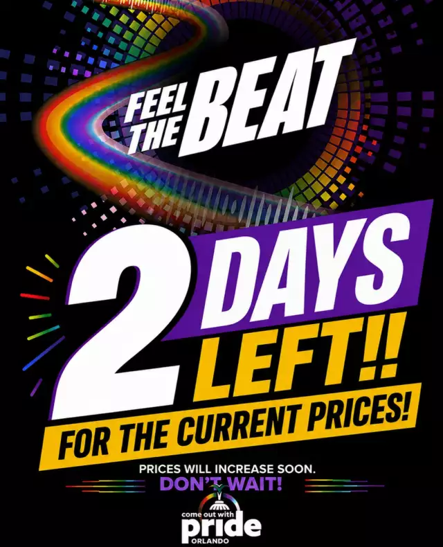 🚨 2 DAYS LEFT! 🚨⁠⁠The clock is ticking, Pride family! ⏰🌈⁠⁠If you’ve been waiting to join us at the 2026 Come Out With Pride Festival — THIS is your moment.⁠⁠💥 CURRENT PRICES END AUGUST 31! 💥⁠⁠After that? Prices go UP on September 1.⁠⁠🛍️ Marketplace Vendors — limited spots remain⁠🌈 Parade Participants — limited opportunities remain⁠🍴 Food Vendors — SOLD OUT!⁠⁠Don’t wait. Don’t overthink it. Don’t pay more later. 😉⁠⁠🔥 LOCK IN YOUR PRICE NOW! 🔥⁠⁠Secure your spot before the clock runs out and be part of one of Central Florida’s biggest celebrations of LGBTQIA+ pride, community, and joy!⁠⁠👉🏽 APPLY NOW: Link in the Bio⁠⁠📅 October 17, 2026⁠📍 Lake Eola Park | Downtown Orlando⁠⁠⏳ 2 DAYS. CURRENT PRICING. ONE LAST CHANCE.⁠⁠See you at Pride! 🏳️‍🌈✨⁠⁠#ComeOutWithPride #COWP2026 #OrlandoPride #PrideOrlando #PrideFestival #OrlandoEvents #PrideMarketplace⁠