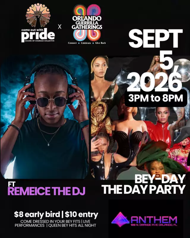 🚨🎟️ $8 EARLY BIRD TICKETS END SUNDAY NIGHT! 🎟️🚨⁠⁠🎧🐝 THE BEY-DAY SOUNDTRACK JUST GOT REAL! 👑🔥⁠⁠🎧 REMEICE THE DJ 🎧⁠⁠Remeice the DJ is bringing the vibes, the energy, and the Beyoncé soundtrack to keep ANTHEM Orlando moving all afternoon! 👑🐝⁠⁠Think iconic hits. Dance-floor favorites. Renaissance energy. Cowboy Carter vibes. And YOU on the dance floor. 🔥⁠⁠📍 ANTHEM Orlando⁠📅 Saturday, September 5⁠⏰ 3PM–8PM⁠⁠After Sunday, tickets go up to $10 — so THIS IS YOUR SIGN to grab yours NOW! 🐝👀⁠⁠$8 BEY-DAY TICKET 👑🐝 --> Link in the Bio⁠⁠Brought to you by Come Out With Pride’s Colors of Courage Collective + Orlando Guerrilla Gatherings!⁠⁠✨ Special thanks to Anthem Orlando!⁠⁠Don’t wait. Don’t sleep. Don’t miss the party.⁠⁠GET IN FORMATION. 🐝👑💃🏽⁠⁠#BEYDAY #Beyonce #RemeiceTheDJ #OrlandoEvents #ColorsOfCourage #QueerJoy #GetInFormation⁠