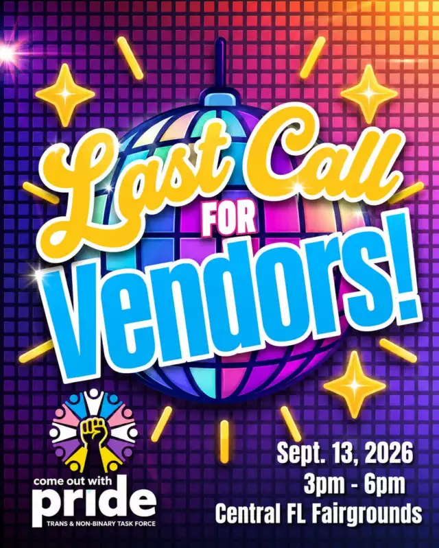 🚨✨ LAST CALL FOR VENDORS & COMMUNITY PARTNERS! ✨🚨⁠⁠Applications close THIS SUNDAY NIGHT! ⏰⁠⁠🎉 Calling all small businesses, artists, makers, nonprofits, community organizations, and LGBTQIA+ affirming folks — this is your invitation to join us!⁠⁠We’re bringing the community together for the Task Force Family Dance! 💜🏳️‍⚧️⁠⁠After three years of our beloved Family Picnic, we’re switching things up and taking the celebration indoors for an afternoon packed with:⁠⁠🎶 Music & dancing⁠🎨 Artists & creators⁠🛍️ Marketplace vendors⁠🤝 Community resources⁠🎲 Games & family fun⁠💜 Connection & community⁠⁠Hosted by Come Out With Pride’s Trans & Non-Binary Task Force, this FREE, family-friendly celebration is designed to create a joyful, welcoming, and affirming space for transgender and non-binary individuals, families, caregivers, allies, and friends to come together and celebrate.⁠⁠📅 Sunday, September 13, 2026⁠🕒 3:00 PM – 6:00 PM⁠📍 Central Florida Fairgrounds⁠⁠🛍️ APPLY ASAP! : Link in the bio⁠⁠⚠️ APPLICATIONS CLOSE SUNDAY NIGHT! ✨⁠⁠Come be part of an afternoon filled with joy, visibility, belonging, and community. 💙🩷🤍🩷💙⁠⁠We’d love to have you with us! 🏳️‍⚧️💜⁠⁠#TaskForceFamilyDance #TransAndNonBinary #TransJoy #TransFamilies #LGBTQIA #OrlandoLGBTQ #CentralFloridaLGBTQ #CommunityEvents #VendorCall⁠