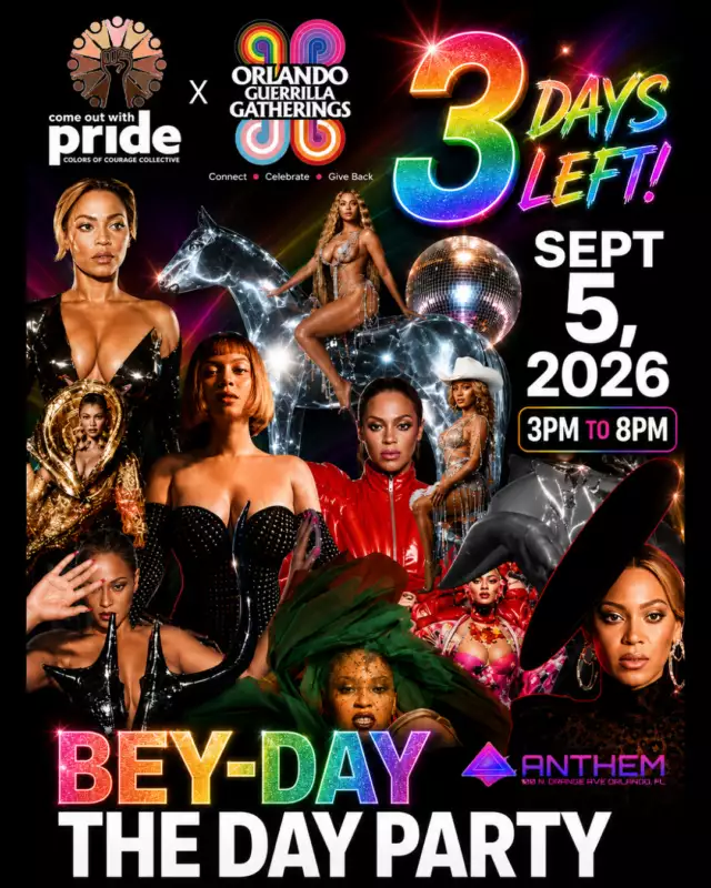 🚨 3 DAYS LEFT! 🚨⁠⁠THREE. DAYS. 👏🏾 AWAY. 👏🏾⁠⁠The countdown to BEY-DAY is getting REAL! 👑✨⁠⁠If you’ve been thinking about getting your ticket… THIS IS YOUR SIGN. 🎟️⁠⁠We’re bringing the looks.⁠We’re bringing the music.⁠We’re bringing the energy.⁠⁠And YOU need to bring your BEY FIT! 💅🏾⁠⁠🎤 Live performances⁠🎶 Queen Bey ALL afternoon⁠🪩 Day party vibes⁠🌈 Community + celebration⁠👑 Main character energy REQUIRED⁠⁠📅 SEPT. 5 | 3PM–8PM⁠📍 ANTHEM ORLANDO⁠⁠🎟️ Tickets are moving—grab yours NOW! --> Link in the Bio⁠⁠3 DAYS. Then we’re in formation. 💃🏾⁠⁠Huge love to our partners Orlando Guerrilla Gatherings and Anthem Orlando for helping make this celebration possible! 💖✨