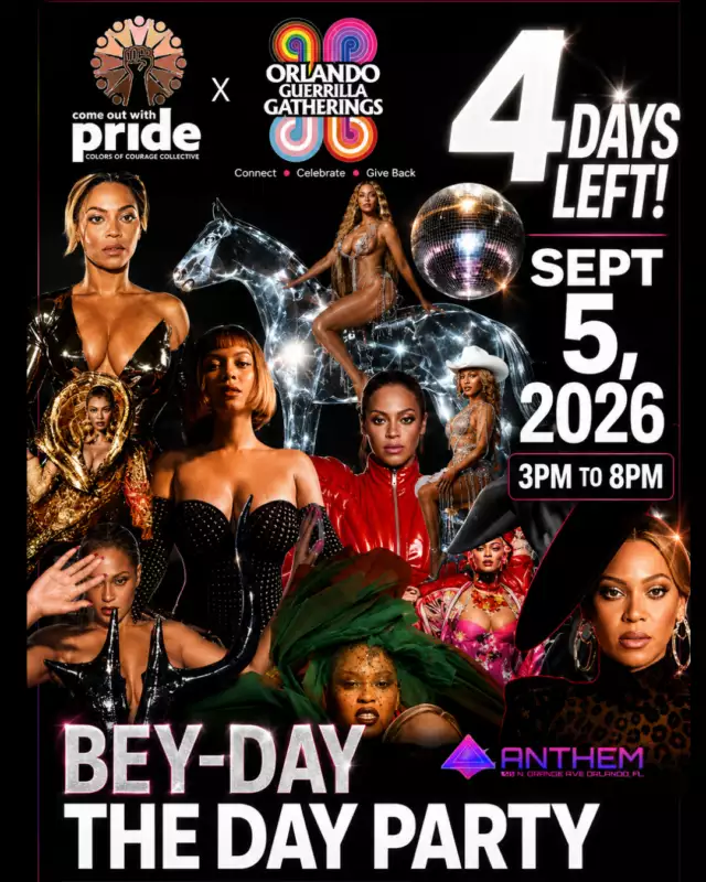 👑✨ 4 DAYS UNTIL BEY-DAY! ✨👑⁠⁠The countdown is officially ON! ⏰⁠⁠Orlando, are you ready to RUN THE WORLD?! 🌈💃🏾⁠⁠Get your Bey Fit ready and grab your tickets because BEY-DAY: THE DAY PARTY is coming to Anthem Orlando!⁠⁠💎 Live Performances⁠🎶 Queen Bey hits ALL afternoon⁠👠 Come dressed in your best Bey Fit⁠🪩 Day party energy from 3PM–8PM⁠✨ A celebration you DO NOT want to miss!⁠⁠📅 SEPTEMBER 5, 2026⁠⏰ 3PM–8PM⁠📍 Anthem Orlando⁠⁠🎟️ Tickets are ON SALE NOW!⁠⁠Don’t be the friend watching everyone’s videos the next day saying, “I should've gone.” 😩⁠⁠GET YOUR TICKETS! 👑 👉🏾 Link in the Bio⁠⁠💖 Presented by Colors of Courage Collective in partnership with Orlando Guerrilla Gatherings, with Anthem Orlando as our host venue. Thank you to our incredible partners for helping us bring this celebration to life!