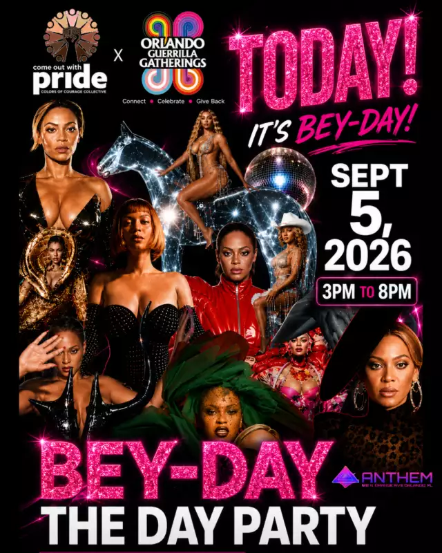 👑🔥 TODAY IS BEY-DAY!!! 🔥👑⁠⁠THIS IS IT, ORLANDO!⁠⁠The countdown is OVER. ⏰⁠The outfits are READY. 👠⁠The music is LOUD. 🔊⁠And BEY-DAY IS HERE! 💖✨⁠⁠Come ready to dance, sing, serve a LOOK and celebrate! 👑⁠⁠🎤 LIVE PERFORMANCES⁠🎶 QUEEN BEY HITS ALL AFTERNOON⁠💃🏾 BEY FITS ENCOURAGED⁠🪩 DAY PARTY ENERGY FROM 3–8PM⁠⁠📍 ANTHEM ORLANDO⁠📅 TODAY — SEPTEMBER 5⁠⏰ 3PM–8PM⁠⁠🎟️ LAST CHANCE TO GET YOUR TICKET! 👉🏾 Link in the Bio⁠⁠Tag your crew. 🔥⁠Put on the outfit. 👠⁠Get to Anthem. 🪩⁠⁠LET’S GET IN FORMATION. 👑⁠⁠💖 Today we celebrate with gratitude! Colors of Courage Collective is proud to partner with Orlando Guerrilla Gatherings to bring BEY-DAY to life, and we’re incredibly grateful to Anthem Orlando for hosting us. Thank you for helping us create space for joy, community, culture and celebration! 🌈✨⁠⁠#BeyDay #BeyDayOrlando #TheDayParty #ColorsOfCourageCollective #OrlandoGuerrillaGatherings #AnthemOrlando #ComeOutWithPride #OrlandoEvents #BeyHive