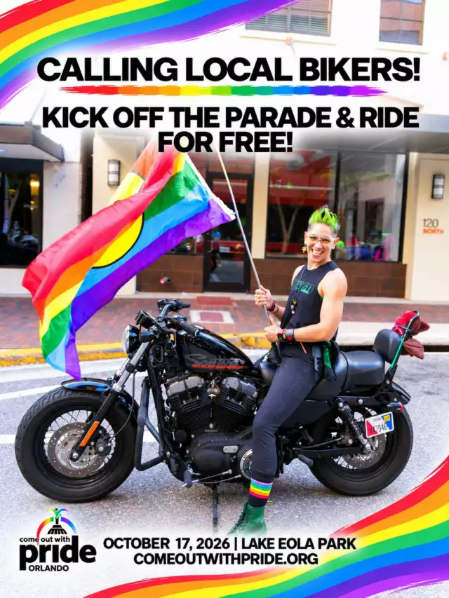 🏍️🌈 CALLING ALL MOTORCYCLE BIKERS! 🌈🏍️⁠⁠Want to KICK OFF ORLANDO PRIDE?! We’re looking for local motorcycle bikers to lead the way and kick off the 2026 Come Out With Pride Parade!⁠⁠✨ Ride with us for FREE!⁠🏳️‍🌈 Be part of Orlando’s Pride celebration⁠🏍️ Help us kick off the Most Colorful Parade⁠📅 Saturday, October 17, 2026⁠📍 Lake Eola Park | Downtown Orlando⁠🌈 Parade rolls at 4 PM⁠⁠⏰ TIME IS LIMITED! Motorcycle biker registration closes TONIGHT!!⁠⁠🔥 SAVE YOUR SPOT NOW — IT’S FREE! 💪🏽⁠👉🏾 Link in Bio ⁠⁠Let’s make some noise, show our Pride, and kick off the parade in true Orlando style! 🏍️🏳️‍🌈💥⁠⁠#ComeOutWithPride #OrlandoPride #FeelTheBeat #Pride2026 #MotorcycleBikers #PrideParade #OrlandoBikers #MostColorfulParade