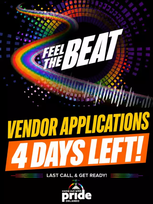🚨 4 DAYS LEFT! 🚨⁠⁠The final countdown to join the 2026 Come Out With Pride Festival & Parade is ON — and you do NOT want to miss your chance!⁠⁠⏰ APPLICATIONS CLOSE SEPTEMBER 23!⁠⁠This is your chance to get your business, organization, nonprofit, community group, or crew right in the middle of Orlando’s BIGGEST Pride celebration!⁠⁠✨ Get seen.⁠✨ Meet the community.⁠✨ Celebrate with 240,000+ Pride-goers.⁠⁠🔥 4 DAYS TO GET IN.⁠🔥 4 DAYS TO APPLY.⁠🔥 4 DAYS BEFORE THE DOOR CLOSES.⁠⁠👉🏾 APPLY NOW: LINK IN BIO 👀⁠⁠🎉 DON’T MISS YOUR CHANCE TO BE PART OF THE BIGGEST DAY OF PRIDE IN ORLANDO!⁠⁠#ComeOutWithPride #COWP2026 #OrlandoPride #PrideOrlando #PrideFestival #OrlandoEvents #PrideMarketplace