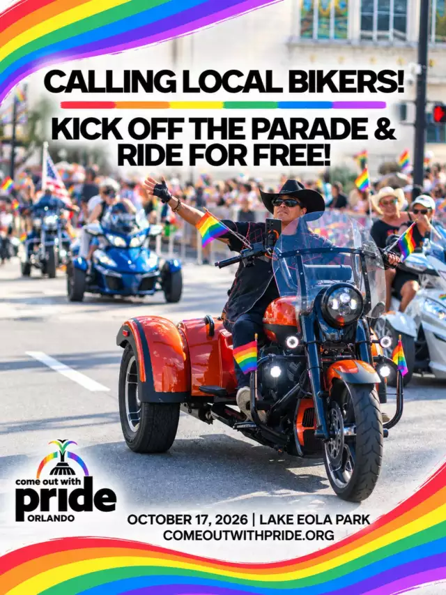 🏍️🌈 MOTORCYCLE BIKERS — WE WANT YOU! 🌈🏍️⁠⁠Ready to kick off Orlando Pride in style? 🏳️‍🌈🏍️⁠⁠Come Out With Pride is calling local motorcycle riders to lead the way and kick off our 2026 Most Colorful Parade! And the best part? You can ride with us for FREE! 💪🏽⁠⁠🌈 Be part of the Pride Parade⁠🏍️ Lead the parade on two (or three!) wheels⁠🎉 Celebrate Pride with the Orlando community⁠📅 Saturday, October 17, 2026⁠📍 Lake Eola Park⁠🌈 Most Colorful Parade: 4 PM⁠⁠⏰ REGISTRATION CLOSES SEPTEMBER 23!⁠⁠Don’t wait — spots are limited, and this is your chance to help KICK OFF PRIDE! 🔥⁠⁠👉🏾 SAVE YOUR SPOT NOW — IT’S FREE! -> Link in bio⁠⁠Let’s roll into Pride together! 🏍️🌈💥⁠⁠#ComeOutWithPride #OrlandoPride #FeelTheBeat #Pride2026 #MotorcycleBikers #PrideParade #OrlandoBikers #MostColorfulParade⁠