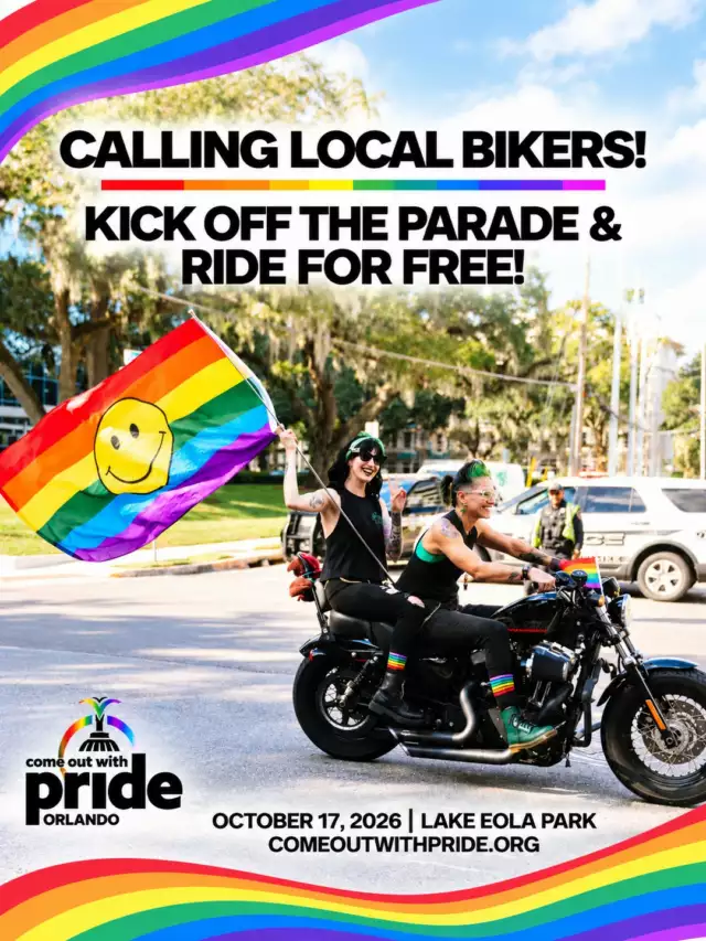 🏍️🌈 CALLING ALL MOTORCYCLE BIKERS! 🌈🏍️⁠⁠Motorcycle Bikers — this is your chance to KICK OFF ORLANDO PRIDE! 🏳️‍🌈⁠⁠We’re inviting local motorcycle riders to lead the way and kick off the 2026 Come Out With Pride Most Colorful Parade — and YES, you ride with us for FREE! 💪🏽⁠⁠🏍️ Ride in the Pride Parade⁠🌈 Help us kick off the Most Colorful Parade⁠🎉 Celebrate with thousands of Pride attendees⁠📅 Saturday, October 17, 2026⁠📍 Lake Eola Park | Downtown Orlando⁠🌈 Parade: 4 PM⁠⁠⏰ REGISTRATION CLOSES SEPTEMBER 23!⁠⁠🔥 Don’t miss your chance to ride, celebrate, and kick off Pride with us!⁠⁠👉🏾 SAVE YOUR SPOT NOW — IT’S FREE! - Link in the Bio⁠⁠Let’s kick off Pride with some serious Orlando energy! 🏍️🌈💥⁠⁠#ComeOutWithPride #OrlandoPride #FeelTheBeat #Pride2026 #MotorcycleBikers #PrideParade #OrlandoBikers #MostColorfulParade