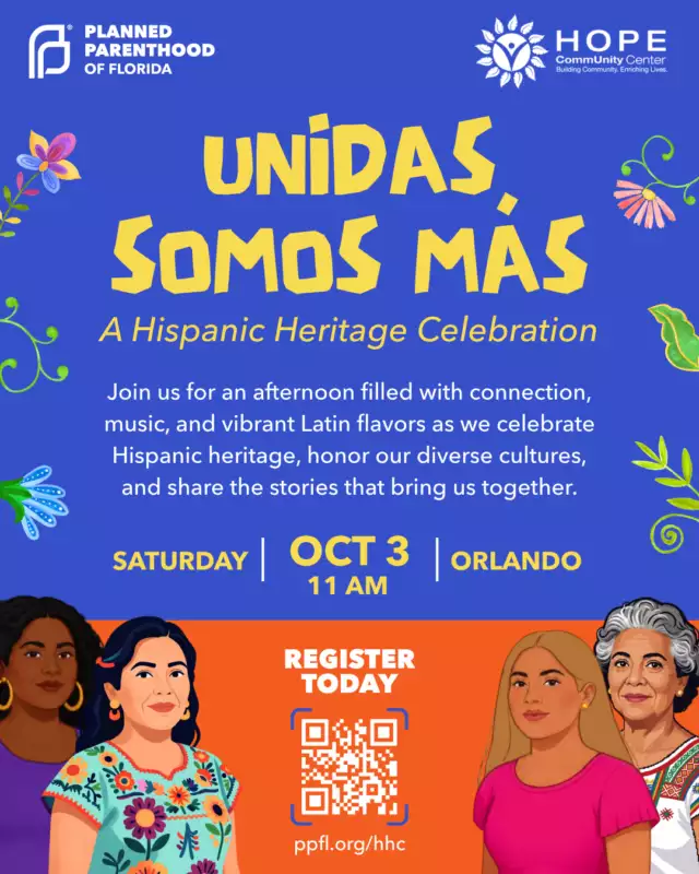 🌟 COMMUNITY PARTNER EVENT 🌟⁠⁠¡La comunidad se celebra unida! 💃🏽🎶⁠⁠Join Planned Parenthood of Florida and the Hope CommUnity Center for a vibrant Hispanic Heritage Celebration on Saturday, October 3 at 11 AM!⁠⁠✨ Unidas Somos Más – Together We Are Stronger ✨⁠⁠Come together over delicious food, music, and meaningful connection as we celebrate the culture, contributions, and collective strength of Orlando’s Hispanic community. ❤️⁠⁠Bring your people, bring your orgullo, and come celebrate what makes our community so powerful — ¡juntas somos más!⁠⁠🎟️ Tickets are on sale now!⁠Visit ppfl.org/hhc for details and registration! ⁠⁠#HispanicHeritageMonth #HispanicHeritage #UnidasSomosMás #TogetherWeAreStronger #Orlando #CommunityPartner⁠⁠I can also make this **a little more queer/Pride-forward** so it feels even more naturally connected to a COWP audience. 🏳️‍🌈⁠