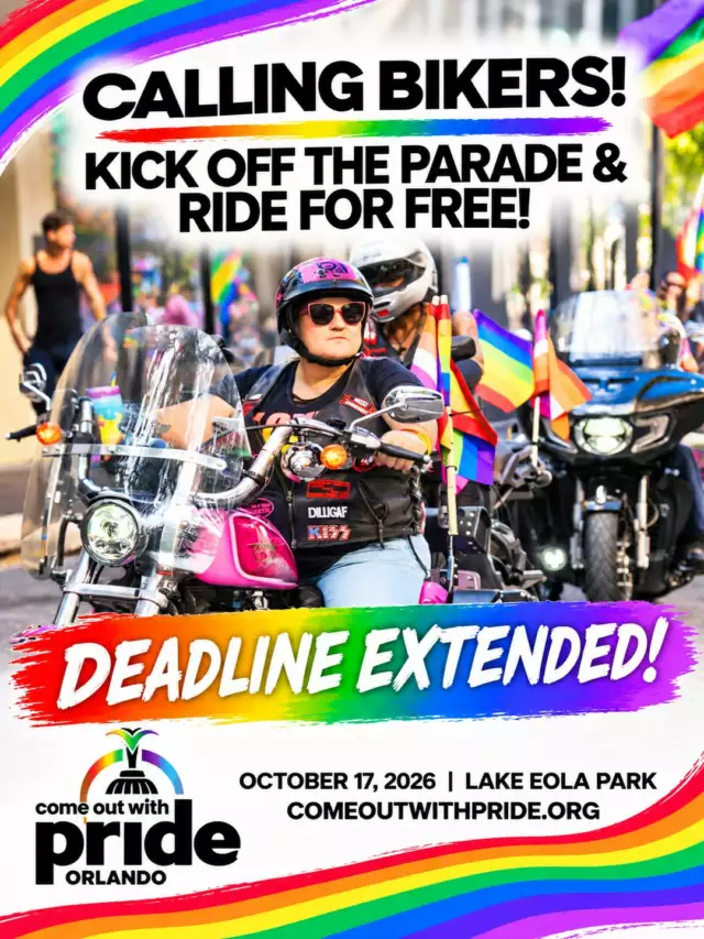 🚨🏍️🌈 BIG ANNOUNCEMENT! 🌈🏍️🚨⁠⁠DEADLINE EXTENDED!! 🎉⁠⁠Motorcycle Bikers — we’re giving you a little more time to join us and KICK OFF OUR PRIDE PARADE!! 🏳️‍🌈🏍️🏳️‍⚧️⁠⁠Come Out With Pride is calling motorcycle riders to lead the way in our 2026 Most Colorful Parade — and YES, you can ride with us for FREE! 🙌🏾⁠⁠🌈 Be part of the Pride Parade⁠🏍️ Lead the parade on two (or three!) wheels⁠🎉 Celebrate Pride with the Orlando community⁠📅 Saturday, October 17, 2026⁠📍 Lake Eola Park⁠🎪 Festival: 12 PM–10 PM⁠🌈 Most Colorful Parade: 4 PM–6 PM⁠⁠🔥 DEADLINE EXTENDED — BUT SPOTS ARE LIMITED!⁠⁠If you’ve been thinking about riding with us, THIS IS YOUR SIGN. 🏍️🌈⁠⁠👉🏾SAVE YOUR SPOT NOW — IT’S FREE! https://www.eventeny.com/events/vendor/?id=55194⁠⁠⁠Let’s roll into Pride together and kick off the Most Colorful Parade in style! 🏍️🏳️‍🌈💥⁠⁠#ComeOutWithPride #OrlandoPride #FeelTheBeat #Pride2026 #MotorcycleBikers #PrideParade #OrlandoBikers #MostColorfulParade