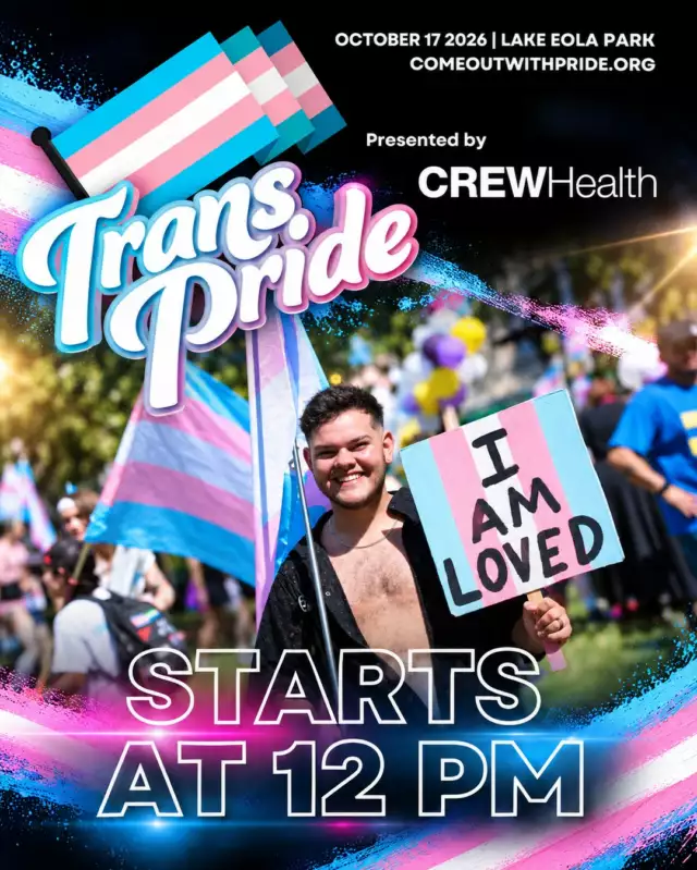 🏳️‍⚧️✨ TRANS PRIDE IS CALLING! ✨🏳️‍⚧️⁠⁠It’s time to celebrate trans joy, community, visibility, and YOU! 💙🩷🤍⁠⁠Presented by CREW Health and hosted by Come Out With Pride’s Trans & Non-Binary Task Force, Trans Pride is a 100% trans-centered space created to celebrate our trans and non-binary community. Come as you are, bring your people, and make some new ones along the way!⁠⁠🌟 Celebrate trans joy⁠🏳️‍⚧️ Connect with community⁠💖 Show up, be seen & take up space⁠✨ Find your people and feel the love⁠⁠📅 October 17, 2026⁠📍 Lake Eola Park⁠⏰ Starts at 12 PM⁠💙 Presented by CREW Health⁠⁠This is YOUR space. YOUR community. YOUR Pride.⁠Come celebrate Trans Pride with us! 🏳️‍⚧️💙🩷🤍⁠⁠#TransPride #TransJoy #TransVisibility #TransAndNonBinary #ComeOutWithPride #CREWHealth #OrlandoPride #Pride2026⁠