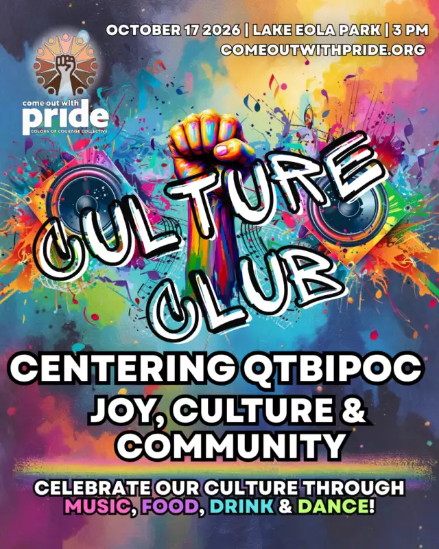 🚨🌈 HUGE ANNOUNCEMENT! 🌈🚨⁠⁠Introducing CULTURE CLUB — a BRAND-NEW specialty area at Come Out With Pride, hosted by Colors of Courage Collective (CCC)! ❤️🧡💛💚💙💜🖤🤎🏳️‍⚧️⁠⁠This is a Black & Brown space made for YOU. ✊🏽🏳️‍🌈⁠⁠Come dance, celebrate, connect, and experience the richness of our cultures through music, food, drinks, and dance from across our communities and around the world. 🌍🔥⁠⁠🎶 MUSIC KICKS OFF AT 3 PM!⁠💃🏽 Cultural & ethnic music⁠🍽️ Food & flavors⁠🍹 Drinks⁠🕺🏽 Dancing⁠✨ Community, culture & celebration⁠⁠Culture Club is more than a dance party — it’s a celebration of QTBIPOC joy, culture, connection, and community. ❤️⁠⁠📅 Saturday, October 17, 2026⁠📍 Lake Eola Park⁠🎶 Culture Club kicks off at 3 PM!⁠⁠CULTURE CLUB.⁠BLACK. BROWN. BEAUTIFUL.⁠MADE FOR YOU. ✊🏽🌈🔥⁠⁠Hosted by Come Out With Pride’s Colors of Courage Collective.