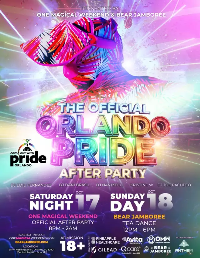🌈 OFFICIAL PRIDE WEEK COMMUNITY PARTNER EVENT 🌈⁠⁠🎉 SATURDAY, OCTOBER 17⁠⁠THE OFFICIAL COME OUT WITH PRIDE AFTER PARTY⁠⁠Presented by One Magical Weekend & Bear Jamboree⁠⁠📍 35 W. Washington St., Orlando, FL 32801 ⁠Behind Anthem Orlando ⁠⏰ 8:00 PM–2:00 AM ⁠🔞 18+⁠⁠🎧 DJ Lineup⁠⁠DJ Edil Hernandez ⁠🕗 8:00–11:00 PM⁠⁠DJ Dani Brasil ⁠🕚 11:00 PM–2:00 AM⁠⁠Also featuring:⁠- DJ Nani Soul⁠- Kristine W⁠- DJ Joe Pacheco⁠⁠🎟️ Tickets & Information: ⁠OneMagicalWeekend.com ⁠BearJamboree.com⁠⁠🌈 Event Partners⁠⁠Presented by: One Magical Weekend & Bear Jamboree⁠⁠In partnership with: Anthem Orlando