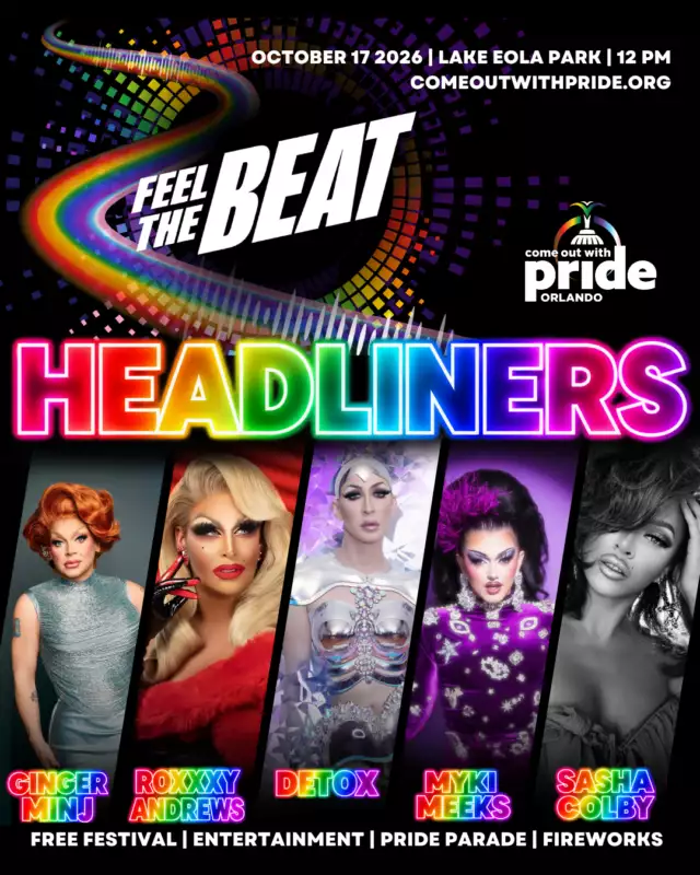 🚨🌈 ORLANDO… IT’S TIME TO FEEL THE BEAT!!! 🌈🚨⁠⁠THE WAIT. IS. OVER. 🔥🔥🔥⁠⁠We’re bringing some of the BIGGEST names in queer entertainment to Lake Eola Park for the 2026 Come Out With Pride Festival! 🎶👑✨⁠⁠✨ MEET YOUR 2026 PRIDE HEADLINERS! ✨⁠⁠👑💋 THE DIVA STAGE 💋👑⁠⁠Get ready for a MASSIVE lineup of drag, performance, glamour, and pure queer fabulousness…⁠⁠✨ GINGER MINJ featuring BLUE MAN GROUP ✨ ⁠✨ DETOX ✨ ⁠✨ ROXXXY ANDREWS ✨ ⁠✨ MYKI MEEKS ✨ ⁠✨ SASHA COLBY ✨⁠⁠YES. YOU READ THAT RIGHT. 😱🔥⁠⁠And the best part?⁠⁠🌈 THEY’RE FREE TO SEE!!! 🌈⁠⁠No separate concert ticket. No extra admission. Just show up, bring your people, and GET READY TO FEEL THE BEAT! 🎶🪩🏳️‍🌈⁠⁠📅 SATURDAY, OCTOBER 17, 2026 ⁠📍 LAKE EOLA PARK ⁠🕛 FESTIVAL: 12 PM–10 PM ⁠🎉 MOST COLORFUL PARADE: 4 PM–6 PM ⁠🎟️ FREE ADMISSION⁠⁠Grab your crew. Grab your flags. Grab your most fabulous Pride fit. 💃🏽🌈⁠⁠And get ready to…⁠⁠🎶 FEEL. THE. BEAT. 🎶⁠⁠THIS IS YOUR PRIDE. ⁠THIS IS YOUR PARTY. ⁠THIS IS COME OUT WITH PRIDE! 🔥🌈⁠⁠💗 ❤️ 🧡 💛 💚 🩵 💙 💜⁠⁠#ComeOutWithPride #OrlandoPride #FeelTheBeat #OrlandoPride2026 #Pride2026 #QueerJoy #FreePride #DivaStage