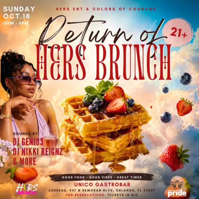 🌈 OFFICIAL PRIDE WEEK COMMUNITY PARTNER EVENT 🌈⁠⁠💅🏾🌈 Return of HERS Brunch ⁠Good Food • Good Vibes • Great Times⁠⁠Pride weekend just got a whole lot better! 💕⁠⁠Return of HERS Brunch is bringing lesbians, sapphics, QPOC, and queer women together for an afternoon of good food, great music, and even better community. Grab your besties, find your people, and come celebrate loud and proud because this is our space, our community, and our Sunday! 🎶🥂🏳️‍🌈⁠⁠RESERVATIONS? 🔗 IN BIO @officialhersbrunch⁠⁠📍 Unico Gastrobar, 937 N. Semoran Blvd., Orlando, FL 32807🗓 Sunday, October 18⁠⏰ 12PM-6PM⁠🎵 @djnikkireignz @geniusthedj + More!⁠🍹 $25 BOTTOMLESS mimosas and sangrias (2hr limit)⁠🍾 $150 bottles (Tito’s, Hennessy, Patron, Milagros (silver)⁠🔞 21+ 🎟️💅🏾