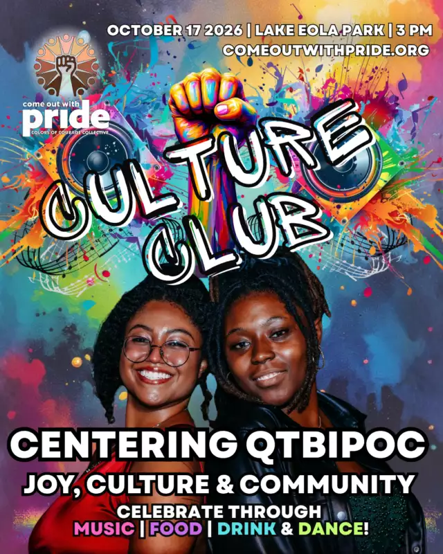🔥🌈 CULTURE CLUB IS COMING TO PRIDE! 🌈🔥⁠⁠The newest vibe at Come Out With Pride is here — and it’s bringing the MUSIC, FLAVOR, CULTURE & JOY! ❤️🧡💛💚💙💜🖤🤎⁠⁠Hosted by Colors of Courage Collective, Culture Club is a Black & Brown space created to celebrate YOU. ✊🏽🏳️‍🌈⁠⁠🎶 Cultural & ethnic sounds ⁠💃🏽 BIG dance party energy ⁠🍽️ Food & flavors ⁠🍹 Drinks ⁠🌍 Culture from our communities and around the world⁠⁠And we’re turning it UP at 3 PM! 🔥🔥🔥⁠⁠Bring your crew. Bring your culture. Bring your dance moves. Come celebrate, connect, and catch a whole new vibe at Pride!⁠⁠📅 October 17, 2026⁠📍 Lake Eola Park⁠🎶 Culture Club starts at 3 PM!⁠⁠CULTURE CLUB.⁠COME FOR THE CULTURE. STAY FOR THE PARTY. 🌈🔥⁠⁠Hosted by Come Out With Pride’s Colors of Courage Collective.⁠⁠artwork by buttercup