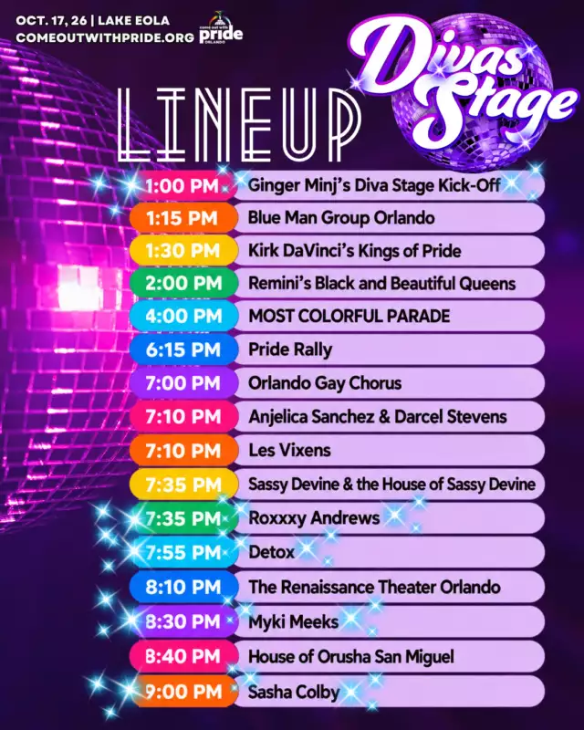 🚨 HUGE NEWS: THE DIVA STAGE LINEUP IS HERE! 🚨⁠⁠💋✨ ORLANDO, YOUR DIVA STAGE IS LOADED. ✨💋⁠⁠The wait is OVER! We’re officially dropping the 2026 Diva Stage lineup — and BABY, this one is BIG. 🔥⁠⁠From the queens who built Orlando’s legendary nightlife scene to internationally known stars coming HOME to Orlando, the Diva Stage is bringing an unforgettable day of drag, live performance, music, comedy, and pure Pride energy. 🌈💃🏽⁠⁠🔥 Ginger Minj — kicking things off! ⁠💙 Blue Man Group Orlando ⁠👑 Kirk DaVinci’s Kings of Pride ⁠✨ Remini’s Black and Beautiful Queens ⁠🎤 Orlando Gay Chorus ⁠💃🏽 Anjelica Sanchez & Darcel Stevens ⁠🔥 Les Vixens ⁠👑 Sassy Devine & the House of Sassy Devine ⁠💎 Roxxxy Andrews ⁠🔥 Detox ⁠🎭 The Renaissance Theater Orlando ⁠👑 Myki Meeks ⁠✨ House of Orusha San Miguel ⁠🌟 Sasha Colby⁠⁠And here's the part we REALLY want you to know… 👀⁠⁠These are Orlando artists. Orlando legends. Orlando family.⁠⁠Some built their careers right here. Some went on to become internationally recognized stars. And now, they’re coming HOME to take the Diva Stage at Come Out With Pride. 🏠🌈⁠⁠This isn’t just a lineup.⁠⁠THIS IS ORLANDO. THIS IS PRIDE. THIS IS DIVA. 💋🔥⁠⁠And did we mention…⁠⁠✨ IT’S ALL FREE. ✨ 😱⁠⁠📍 Lake Eola Park ⁠📅 October 17, 2026 ⁠⏰ Diva Stage kicks off at 1 PM⁠⁠One Pride. One incredible stage. FEEL THE BEAT. 🏳️‍🌈💜⁠⁠#ComeOutWithPride #FeelTheBeat #DivaStage #OrlandoPride #Pride2026 #OrlandoDrag #OrlandoQueens #OnePride