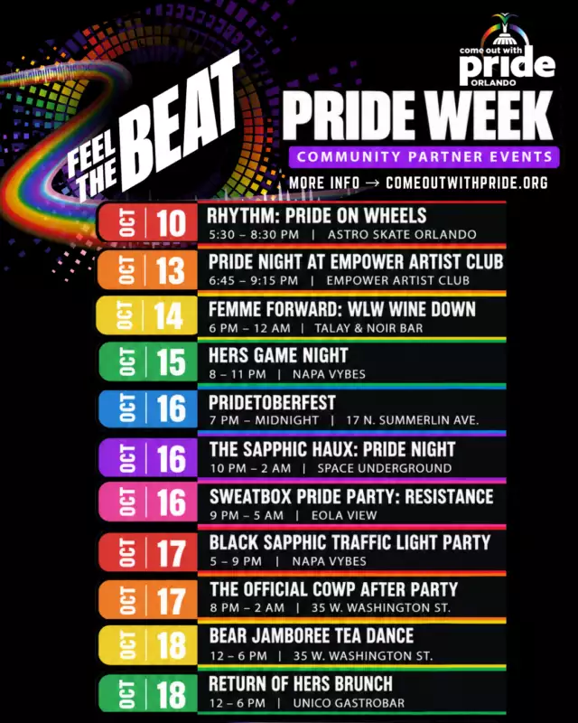 🌈 OFFICIAL PRIDE WEEK COMMUNITY PARTNER EVENTS 🌈⁠⁠WHO SAYS YOU HAVE TO WAIT UNTIL OCTOBER 17 TO START CELEBRATING?! 👀🏳️‍🌈⁠⁠Pride Week is about to be PACKED, and our amazing Community Partners are bringing the party, the music, the dancing, the skating, the drag, the brunch, the nightlife, and ALL the queer joy all week long!⁠⁠From October 10–18, there’s something for everyone — and we’re inviting you to start celebrating EARLY! 🎉⁠⁠🛼 Roll into Pride with Rhythm: Pride on Wheels ⁠💃🏾 Dance it out at Pride Night at Empower Artist Club ⁠💕 Celebrate one year of Femme Forward ⁠🎲 Get your game face on at HERS Game Night ⁠🌭 Get WURST-y at Pridetoberfest ⁠💋 Turn up at The Sapphic Haux ⁠🎶 Dance until sunrise at Sweatbox Pride Party: Resistance ⁠🚦 Show your color at the Black Sapphic Traffic Light Party ⁠🎉 Keep it going at the Official COWP After Party ⁠🐻 Dance all afternoon at Bear Jamboree Tea Dance ⁠💅🏾 Brunch your way through Pride at Return of HERS Brunch⁠⁠Whether you’re looking for family fun, queer nightlife, sapphic spaces, dancing, community, or just another excuse to celebrate being YOU — Orlando has you covered. 🏳️‍🌈🏳️‍⚧️⁠⁠START PRIDE EARLY. ⁠FEEL THE BEAT ALL WEEK LONG. 🎶🌈⁠⁠Huge love to all of our Community Partners for helping make Pride Week bigger, more inclusive, and more fun for everyone!⁠⁠Check out the full schedule and start making your Pride Week plans! 💃🏾🌈⁠⁠⁠artwork by buttercup⁠⁠#ComeOutWithPride #FeelTheBeat #PrideWeek #OrlandoPride #OrlandoLGBTQ #CommunityPartners #PrideOrlando