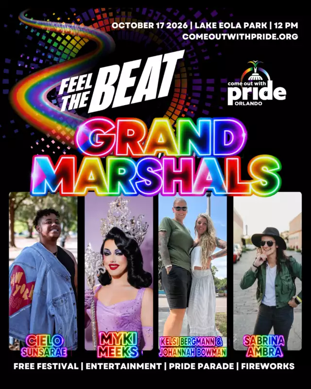 🌈✨ THEY’RE HERE. THEY’RE FABULOUS. THEY’RE YOUR 2026 GRAND MARSHALS! ✨🌈⁠⁠Help us give a HUGE Pride welcome to Cielo Sunsarae, Sabrina Ambra, Myki Meeks, and Kelsi Bergmann & Johannah Bowman! 👑🏳️‍🌈⁠⁠From championing queer visibility and representation to creating space for our community to live, love, create, and thrive — these incredible leaders are helping FEEL THE BEAT of Central Florida Pride all year long. 💖⁠⁠We are SO grateful for the work they do to make our community more visible, more connected, and more celebrated. And now… it’s time to put them in the spotlight! 🌟⁠⁠🎉 SEE THEM LEAD THE MOST COLORFUL PARADE!⁠📅 Saturday, October 17⁠📍 Lake Eola Park⁠🌈 Parade: 4–6 PM⁠⁠💃🏽✨ DRESS TO IMPRESS! Bring out your BEST Pride gear, biggest colors, boldest looks, wildest accessories, and most fabulous fits. The more colorful, the better! 🌈🔥⁠⁠Grab your crew, bring your Pride flags, and get ready to cheer, dance, and FEEL THE BEAT as our Grand Marshals lead the celebration through downtown Orlando!⁠⁠Admission is FREE. The vibes are BIG. The looks are FABULOUS. And the Parade is calling! 🏳️‍🌈🎉⁠⁠#FeelTheBeat #ComeOutWithPride #COWP2026 #OrlandoPride #PrideOrlando #GrandMarshals #MostColorfulParade