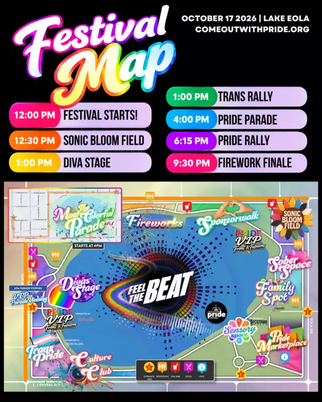 🌈🔥 THE MAP IS HERE! 🔥🌈⁠⁠It’s time to FEEL THE BEAT! 🎶✨⁠⁠Our official Festival & Parade Map is LIVE — and trust us, you’re going to want to save this one! 📍💥⁠⁠From Culture Club to Trans Pride, the Diva Stage to Sonic Bloom Field, the Marketplace, Family Spot, Sober Space, Sensory Space, food, drinks, the Most Colorful Parade and MORE…⁠⁠There’s something for EVERYONE at Pride! 🏳️‍🌈🏳️‍⚧️⁠⁠📅 Saturday, October 17 ⁠📍 Lake Eola Park ⁠⏰ Festival | 12 PM–10 PM ⁠🌈 Parade | 4–6 PM ⁠🎆 Fireworks | 9:30 PM⁠⁠Save the map. Grab your people. Come Feel the Beat. 💃🏽🔥⁠⁠#ComeOutWithPride #FeelTheBeat #OrlandoPride #OrlandoLGBTQ #Pride2026