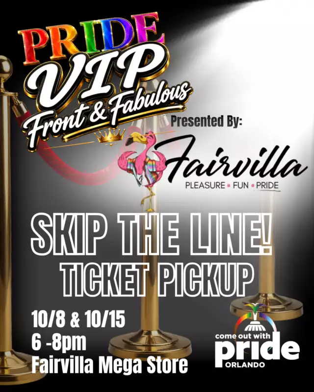 VIPs, TODAY IS YOUR DAY! 👑⁠⁠You’re already FRONT & FABULOUS — now skip the Festival line and pick up your VIP tickets before Pride Day!⁠⁠VIP TICKET PICKUP⁠Tomorrow, October 8⁠6–8 PM⁠Fairvilla Mega Store⁠⁠Pride VIP: Front & Fabulous, presented by Fairvilla, is bringing you closer to the action, the Queens, and the celebration.⁠⁠And while you’re there, remember:⁠⁠VIP PARKING IS ONLY $25!⁠⁠Add VIP Parking to your VIP experience and arrive like the royalty you are.⁠⁠Your VIP experience includes the exclusive Mix & Mingle with:⁠⁠Ginger Minj • Roxxxy Andrews • Detox • Myki Meeks • Sasha Colby⁠⁠Chat. Connect. Get your selfie. 📸⁠⁠VIP tickets are nearly sold out, so if your friends are still thinking about joining you… tell them to stop thinking and get their tickets!⁠⁠See you tomorrow at Fairvilla! 💎⁠⁠Pride VIP: Front & Fabulous⁠Presented by Fairvilla⁠October 17 | Lake Eola Park | 21+ ONLY