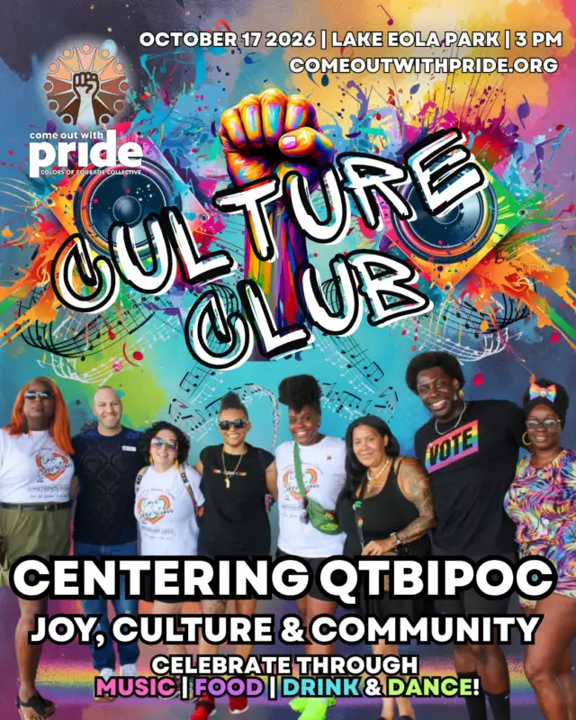 🔥🌈 QTBIPOC PRIDE ✊🏾 TURN THE MUSIC UP! 🌈🔥⁠⁠Culture Club is bringing a whole new beat to Come Out With Pride! ❤️🧡💛💚💙💜🖤🤎⁠⁠Hosted by Colors of Courage Collective, Culture Club is a specialty space created specifically for our QTBIPOC community — a Black & Brown space to celebrate our cultures, our music, our joy, and our people. ✊🏽🏳️‍🌈⁠⁠🎶 Diverse cultural & ethnic music ⁠🥁 Rhythms & beats from around the world ⁠💃🏽 Dance floor energy ⁠🍽️ Cultural food & flavors ⁠🍹 Drinks ⁠🔥 QTBIPOC joy & community⁠⁠From Afrobeat to Latin rhythms, Caribbean sounds and beyond — get ready to move, dance, and celebrate to music that reflects the incredible diversity of our communities. 🌍🎶⁠⁠🎶 MUSIC KICKS OFF AT 3 PM!⁠⁠📅 October 17, 2026 ⁠📍 Lake Eola Park⁠⁠Bring your people. Bring your culture. Bring your best dance moves. 💃🏽🔥⁠⁠CULTURE CLUB.⁠A BLACK & BROWN SPACE MADE FOR YOU. ✊🏽🌈⁠⁠Hosted by Come Out With Pride’s Colors of Courage Collective.
