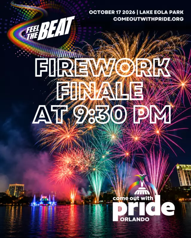 🎆🏳️‍🌈 ORLANDO, WE’RE GOING OUT WITH A BANG! 💥⁠⁠The beats, the Pride, the MAGIC… and then BOOM! 🎇✨⁠⁠Join us at 9:30 PM for the FIREWORKS FINALE at Come Out With Pride 2026! We’re lighting up the sky above Lake Eola with a spectacular show you WON’T want to miss! 🌈🔥⁠⁠✨ One lake. A sky full of color. Thousands of us celebrating together. THIS is how we do Pride!⁠⁠📍 Lake Eola Park⁠📅 Saturday, October 17⁠🎆 Fireworks at 9:30 PM⁠⁠Come for the Pride. Stay for the BOOM! 🎆🏳️‍🌈⁠⁠#ComeOutWithPride #FeelTheBeat #OrlandoPride #FireworksFinale #Pride2026