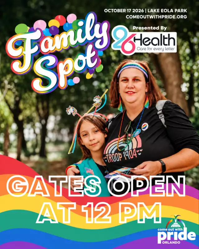 🌈💖 PRIDE IS FOR EVERY FAMILY! 💖🌈⁠⁠Families come in ALL kinds of beautiful shapes, sizes, colors, and stories — and there’s a place for yours at Pride! 🫶🏽🏳️‍🌈⁠⁠✨ Our Pride Family Spot, presented by 26 Health, is a welcoming space where LGBTQIA+ families, kids, parents, chosen family, caregivers, and loved ones can celebrate, connect, play, and feel right at home.⁠⁠Whether you’re raising a family, growing one, building a chosen family, or simply showing up with the people you love — YOU BELONG HERE. 💕🌈⁠⁠🎉 Gates open at 12 PM!⁠📍 Lake Eola Park⁠📅 Saturday, October 17, 2026⁠🌈 Come as you are. Bring your people. Celebrate your family.⁠⁠Because family is what we make it — and Pride is for ALL of us! 💖🏳️‍🌈⁠⁠#ComeOutWithPride #FeelTheBeat #Pride2026 #FamilySpot #26Health #PrideIsForEveryone #LGBTQFamilies #OrlandoPride #QueerJoy