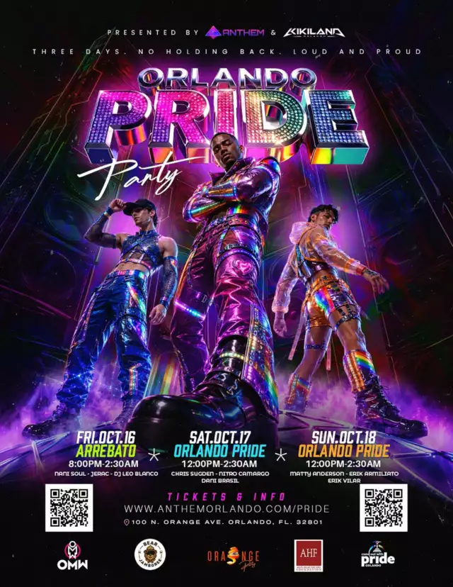 🌈 OFFICIAL PRIDE WEEK COMMUNITY PARTNER EVENT 🌈⁠⁠🔥 ORLANDO PRIDE PARTY 🔥⁠⁠THREE DAYS. NO HOLDING BACK. LOUD AND PROUD.⁠⁠Pride weekend is about to get LOUD! Anthem Orlando and KikiLana Orlando are bringing three BIG nights of music, dancing, and Pride energy to downtown Orlando. Get ready to party all weekend long! 🏳️‍🌈🎶⁠⁠FRIDAY, OCTOBER 16 — ARREBATO ⁠8 PM–2:30 AM ⁠Featuring Nani Soul, JERAC & DJ Leo Blanco⁠⁠SATURDAY, OCTOBER 17 — ORLANDO PRIDE ⁠12 PM–2:30 AM ⁠Featuring Chris Sugden, Nitro Camargo & Dani Brasil⁠⁠SUNDAY, OCTOBER 18 — ORLANDO PRIDE ⁠12 PM–2:30 AM ⁠Featuring Matty Anderson, Erik Armiato & Erik Villar⁠⁠📍 Anthem Orlando ⁠100 N. Orange Ave., Orlando, FL 32801⁠⁠🎟️ TICKETS & INFO: ⁠AnthemOrlando.com/Pride⁠⁠Three days. One Pride weekend. ZERO holding back.⁠⁠Start celebrating early and keep the beat going all weekend long! 🌈🔥⁠⁠Presented by Anthem Orlando & KikiLana Orlando.