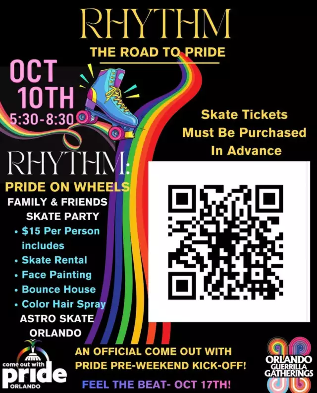 🌈🛼 TOMORROW, ORLANDO! RAIN OR SHINE, WE’RE ROLLING! 🛼🌈⁠⁠Plans canceled because of the rain? Don’t stay home! We’ve got the PERFECT Pride weekend warm-up, and it’s INSIDE! 🙌🏾🎉⁠⁠Join us for RHYTHM: PRIDE ON WHEELS, an official Come Out With Pride Pre-Weekend Kick-Off presented by Orlando Guerrilla Gatherings in partnership with Come Out With Pride!⁠⁠Forget the forecast — we’re bringing the vibes, the music, and ALL the Pride joy indoors at Astro Skate Orlando! 🌈💃🏾⁠⁠📅 TOMORROW — Saturday, October 10\⁠⏰ 5:30–8:30 PM\⁠📍 Astro Skate Orlando\⁠🎟️ $15 per person⁠⁠Your ticket includes:\⁠🛼 Skate rental\⁠🎨 Face painting\⁠🏰 Bounce house\⁠🌈 Color hair spray⁠⁠⚠️ IMPORTANT: Skate tickets MUST be purchased in advance. NO tickets at the door!⁠⁠🎟️ Grab your tickets through the link in @orlandoguerrilla’s bio!⁠⁠Bring the family, call your friends, grab your Pride crew, and come roll with us! The rain can do its thing — WE’RE STILL CELEBRATING! 🌈🛼🔥⁠⁠⁠#ComeOutWithPride #FeelTheBeat #RhythmPrideOnWheels #OrlandoPride #PrideWeek #OrlandoGuerrillaGatherings