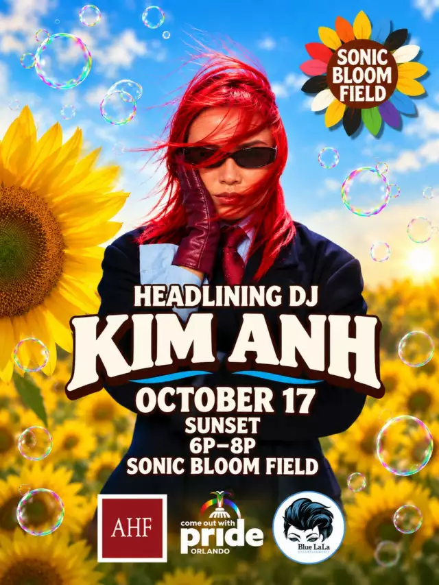 🚨🌅 SONIC BLOOM HEADLINER REVEAL! 🌅🚨⁠⁠🎧 DJ KIM ANH IS TAKING OVER! 🔥🪩⁠⁠The beats. The sunset. THE ENERGY. 🌈⚡️⁠⁠This is THE sunset set you don’t want to miss! Grab your crew and get ready to DANCE. ALL. NIGHT. LONG. 💃🏽🔊⁠⁠🌸 SONIC BLOOM FIELD⁠🎧 HEADLINER: DJ KIM ANH⁠📍 Lake Eola Park⁠📅 Saturday, October 17⁠⏰ Pride Festival | 12–10 PM⁠⁠DON’T JUST WATCH THE SUNSET. DANCE THROUGH IT. 🌅🔊🌈⁠⁠COME FOR PRIDE. STAY FOR THE BEATS. LOSE YOURSELF IN THE BLOOM. 🌸⚡️🪩⁠⁠#ComeOutWithPride #FeelTheBeat #SonicBloom #DJKimAnh #OrlandoPride #Pride2026 #FestivalVibes #QueerJoy