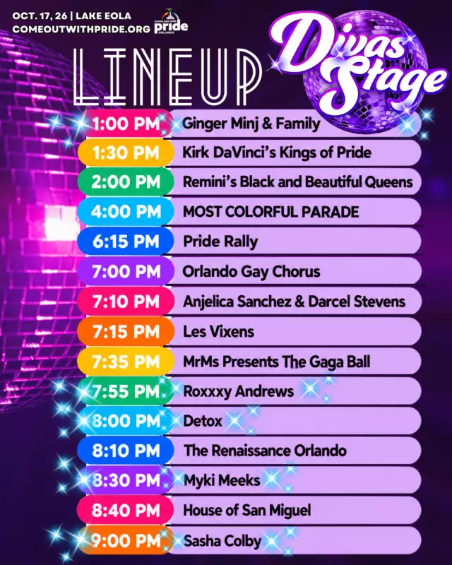 🎤🔥 ORLANDO, THIS IS YOUR STAGE. THIS IS YOUR PRIDE. THIS IS YOUR TALENT!!! 🌈💜⁠⁠YOU ASKED, AND WE’RE DELIVERING! 🙌🏽✨⁠⁠The Diva Stage is bringing ALL the Orlando talent, ALL the fierce performances, and ALL the Pride energy! 💃🏽👑 From drag royalty to powerhouse performers, incredible local entertainers, and the artists who make our LGBTQIA+ community shine, we’re putting OUR CITY’S talent front and center!⁠⁠And guess what?! 🎉 EVERY PERFORMANCE IS FREE!⁠⁠✨ HERE’S WHAT’S BEEN UPDATED!⁠⁠💖 Ginger Minj & Family kicks things off at 1 PM!⁠🎉 MrMs Presents The Gaga Ball joins the lineup at 7:35 PM!⁠⁠🔥 This is your invitation to show up, pack the Diva Stage, cheer loud, celebrate our local artists, and give Orlando’s LGBTQIA+ talent the LOVE they deserve!⁠⁠📅 Saturday, October 17\⁠📍 Lake Eola Park\⁠⏰ Festival starts at NOON!⁠⁠💜 Bring your crew. Bring your energy. Bring that Pride!⁠⁠ONE WEEK TO GO, ORLANDO!!! 🏳️‍🌈🎤 Let’s make some noise for OUR performers and FEEL THE BEAT together! 🔥🎶⁠⁠#ComeOutWithPride #FeelTheBeat #OrlandoPride #DivaStage #SupportLocalTalent