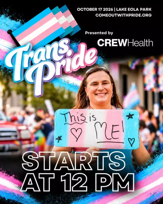 🏳️‍⚧️✨ TRANS PRIDE IS CALLING — COME CELEBRATE TRANS JOY!⁠⁠Presented by Crew Health, Trans Pride is a celebration of the transgender and nonbinary community, their families, friends, and allies—and the joy, strength, resilience, and power we bring to Pride. 💖🏳️‍⚧️⁠⁠This year, we’re coming together for the largest gathering of the trans community in Central Florida—and we’re bringing the JOY with us! 🎉⁠⁠📣 Trans Pride Rally — 1 PM ⁠🚶🏽‍♀️ Community Walk-Over & Marshalling — 2 PM ⁠🌈 Join us for the Most Colorful Parade — 4 PM⁠⁠Come as you are. Bring your people. Bring your flags. Bring your joy. And bring that TRANS PRIDE! 🏳️‍⚧️🔥⁠⁠Because trans people belong. ⁠Trans people matter. ⁠And trans joy deserves to be celebrated LOUDLY.⁠⁠📍 Lake Eola Park ⁠📅 Saturday, October 17 ⁠🎟️ FREE & ALL ARE WELCOME!⁠⁠Feel the Beat. Celebrate Trans Joy. Show Up. Be Seen. 🏳️‍⚧️💃🏽✨⁠⁠#ComeOutWithPride #FeelTheBeat #TransPride #TransJoy #TransVisibility #NonbinaryJoy #OrlandoPride #CentralFloridaPride