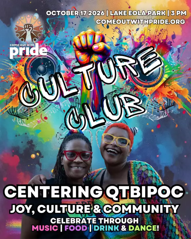 🔥🌍 THIS IS WHERE OUR CULTURE MEETS THE DANCE FLOOR! 🌍🔥⁠⁠Culture Club is bringing the sounds, rhythms, and energy of our QTBIPOC community to Come Out With Pride! ✊🏽🏳️‍🌈⁠⁠Hosted by Colors of Courage Collective, this Black & Brown space is made for us — to celebrate our cultures, our music, our joy, and our people. ❤️🧡💛💚💙💜🖤🤎⁠⁠🎶 Afrobeat⁠🎶 Soca & Dancehall⁠🎶 Latin & Caribbean sounds⁠🎶 Hip-Hop & R&B⁠🎶 Global beats⁠🔥 And MORE!⁠⁠Come for the music. Stay for the dance floor. Bring your people and catch a whole new vibe at Pride! 💃🏽🔥⁠⁠🎶 MUSIC KICKS OFF AT 3 PM!⁠⁠📅 October 17, 2026⁠📍 Lake Eola Park⁠⁠CULTURE CLUB.⁠BLACK & BROWN. QTBIPOC. MADE FOR US. ✊🏽🌈🔥⁠⁠Hosted by Come Out With Pride’s Colors of Courage Collective.
