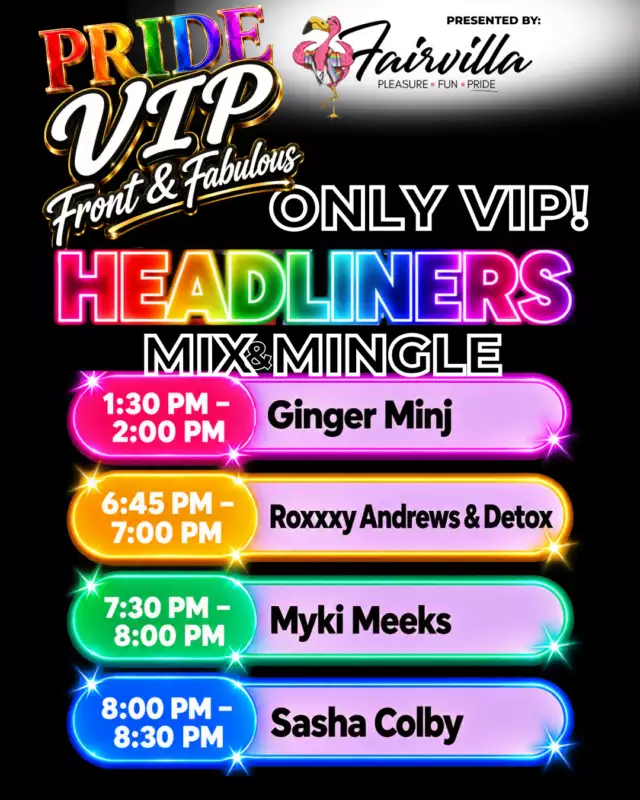 💋👑 EXCLUSIVE - ONLY FOR VIP 👑💋🤫⁠⁠This is your backstage pass to the fabulous! ✨ The Pride VIP: Front & Fabulous Mix & Mingle is bringing you face-to-face with the queens serving the looks, the talent, and the STAR POWER! 💅🏽🔥⁠⁠🚨 THIS IS A VIP-ONLY EXPERIENCE! No VIP ticket, NO Mix & Mingle. You’ve been warned! 😉⁠⁠🎤✨ SAVE YOUR MIX & MINGLE SCHEDULE!⁠⁠🕜 1:30–2:00 PM⁠🌟 Ginger Minj⁠⁠🕖 6:45–7:00 PM⁠💄 Roxxxy Andrews & Detox⁠⁠🕢 7:30–8:00 PM⁠👑 Myki Meeks⁠⁠🕗 8:00–8:30 PM⁠✨ Sasha Colby⁠⁠📸 Come ready to connect, capture the moment, and make memories with your favorite headliners!🍹🎆⁠⁠🖤🌈 A special thank-you to Fairvilla, our Pride VIP: Front & Fabulous Presenting Partner, for helping make this elevated experience happen!⁠⁠🎟️ Still need your VIP ticket? Don’t wait! LINK IN THE BIO 👈🏾⁠⁠Pride VIP: Front & Fabulous⁠Presented by Fairvilla⁠📅 October 17 | 📍 Lake Eola Park | 🔞 21+ ONLY⁠⁠Your queens are waiting, VIPs! 💋✨⁠⁠#ComeOutWithPride #PrideVIP #FrontAndFabulous #FeelTheBeat⁠⁠Make the schedule easier to scanClarify what VIP tickets include