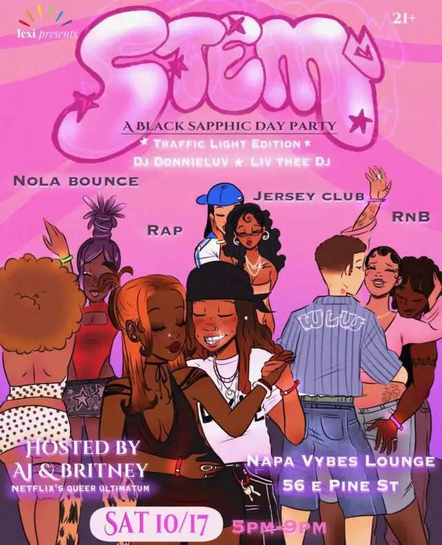 🌈 OFFICIAL PRIDE WEEK COMMUNITY PARTNER EVENT 🌈⁠⁠🚦💕 STEM: A BLACK SAPPHIC DAY PARTY — TRAFFIC LIGHT EDITION 💕🚦⁠⁠SAPPHICS, IT’S TIME TO LEZ RUN THE BLOCK! 🔥💗⁠⁠Black sapphic joy, music, community, and ALL the daytime party vibes! Lexi Presents is bringing the energy to Napa Vybes Lounge for a Traffic Light Edition day party hosted by AJ & Britney. Come ready to connect, dance, and make Pride weekend unforgettable!⁠⁠📅 Saturday, October 17⁠⏰ 5–9 PM⁠📍 Napa Vybes Lounge⁠56 E. Pine St., Orlando, FL 32801⁠🔞 21+⁠⁠🎧 Sounds by DJ DonnieLuv & LIV THEE DJ⁠🎶 NOLA Bounce • Jersey Club • Rap • R&B⁠🍽️ Food • Hookah • Bottles⁠⁠🎟️ Tickets available online! VIP reservations and birthday packages: DM @lexipresents.⁠⁠Grab your crew, show your color, and come celebrate Black sapphic joy, connection, and community! 💕🏳️‍🌈⁠⁠#LezRunTheBlock #ComeOutWithPride #FeelTheBeat #BlackSapphicJoy #OrlandoPride #PrideWeek