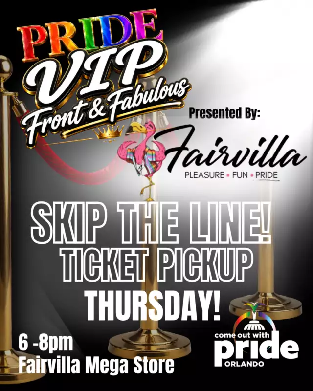 👑 VIPs, CUT THE LINE & GRAB YOUR TICKETS - TONIGHT! 💅🏽⁠⁠Already secured your Pride VIP: Front & Fabulous experience? Darling, we have plans for you!⁠⁠Skip the Festival line and pick up your VIP tickets THIS THURSDAY!⁠⁠📍 Fairvilla Mega Store⁠📅 This Thursday, October 15⁠⏰ 6–8 PM⁠⁠Come for your VIP tickets. Stay to shop! 🛍️✨⁠⁠A HUGE thank-you to our VIP Presenting Sponsors, Fairvilla, for helping us bring this fabulous experience to life! 💎🌈⁠⁠And remember, your VIP experience includes the exclusive Mix & Mingle with our Pride Headliners — Ginger Minj, Roxxxy Andrews, Detox, Myki Meeks & Sasha Colby!⁠⁠Chat. Connect. Get your selfie. Make a memory!⁠⁠Not VIP yet? Tickets are nearly sold out! Grab yours before the opportunity disappears.⁠⁠🎟️ https://www.eventeny.com/events/ticket?id=29666 ⁠⁠Pride VIP: Front & Fabulous⁠Presented by Fairvilla⁠October 17 | Lake Eola Park | 21+ ONLY⁠⁠See you at Fairvilla, darlings! 💋