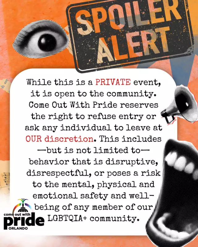 🚨🏳️‍🌈 PRIDE PSA: WE’RE HERE TO CELEBRATE, NOT DISRUPT! 🎉🔥⁠⁠Orlando, it’s almost time to FEEL THE BEAT! 🎶💃🏽 We’re ready for a day full of queer joy, chosen family, fabulous performances, and a whole lot of LOVE. ❤️✨⁠⁠Our Pride community deserves to celebrate, feel welcome, and enjoy the day safely. That means showing up with respect, looking out for one another, and keeping the nonsense OUT of our celebration. 😉⁠⁠A few friendly reminders before you join us:⁠⁠🌈 Come with love. Disruptive, threatening, harassing, or disrespectful behavior that puts our community’s mental, physical, or emotional well-being at risk will not be tolerated. As a private event open to the community, Come Out With Pride reserves the right to refuse entry or ask individuals to leave at our discretion.⁠⁠📣 Bringing a sign to share your message? We love community expression! ❤️ Due to safety concerns and our event permit requirements, signs with wooden sticks are not permitted inside the festival. Simply remove the stick and bring your sign along!⁠⁠💖 Look out for each other. Respect boundaries. Celebrate our differences. Make room for joy!⁠⁠We’ve worked hard to create a space where LGBTQIA+ people and our allies can come together and celebrate who we are. Let’s protect that joy and make this a day to remember for ALL the right reasons!⁠⁠✨ Bring the energy.⁠🏳️‍⚧️ Bring the pride.⁠🎉 Bring the LOVE.⁠⁠Leave the hate and disruption behind. We have WAY too much celebrating to do! 💅🏽🔥⁠⁠📅 Saturday, October 17⁠📍 Lake Eola Park⁠⁠THIS IS OUR PRIDE. LET’S FEEL THE BEAT! 🌈🎶❤️