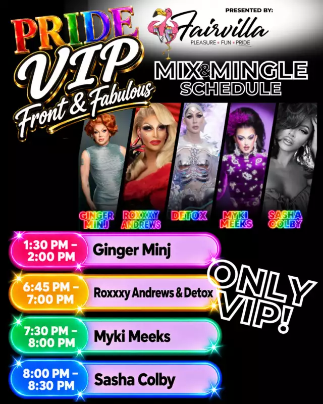 💋✨ THE QUEENS ARE READY. ONLY THE VIPS ARE INVITED! 👑🔥⁠⁠Pride VIP: Front & Fabulous is bringing the star power, the cocktails, and the exclusive access! And darling, the Mix & Mingle Schedule is HERE! 🎤💅🏽⁠⁠🚨 VIP-ONLY ACCESS! This exclusive experience is ONLY for our Pride VIPs!⁠⁠🎤✨ MIX & MINGLE SCHEDULE ✨🎤⁠⁠🕜 1:30–2:00 PM ⁠🌟 Ginger Minj⁠⁠🕖 6:45–7:00 PM ⁠💄 Roxxxy Andrews & Detox⁠⁠🕢 7:30–8:00 PM ⁠👑 Myki Meeks⁠⁠🕗 8:00–8:30 PM ⁠✨ Sasha Colby⁠⁠Your chance to chat, snap a selfie, and make a Pride memory you’ll be talking about long after the glitter settles! 📸🌈⁠⁠A big, beautiful THANK-YOU to Fairvilla, our Pride VIP: Front & Fabulous Presenting Partner, for helping make this experience possible! 🖤🌈⁠⁠🎟️ Still need your VIP tickets? Don’t wait—tickets are ALMOST sold out!⁠LINK IN THE BIO⁠⁠Pride VIP: Front & Fabulous ⁠Presented by Fairvilla ⁠📅 October 17 | 📍 Lake Eola Park | 🔞 21+ ONLY⁠⁠#ComeOutWithPride #PrideVIP #FrontAndFabulous #FeelTheBeat